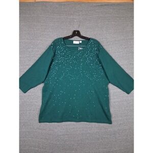 Quacker Factory Womens Shirt 1X Greem Sequin Knit Art Casual Capsule Office